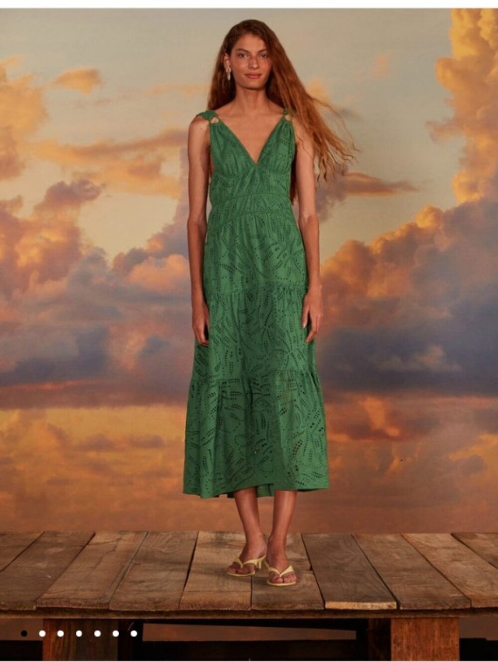 FARM Rio Green Eyelet V-Neck Tiered Midi Dress